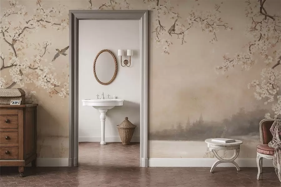 fototapet Ramuri delicate înflorite lângă lac, cu păsări în ceață ușoară w05155