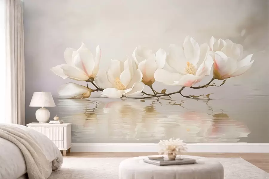 fototapet Flori de magnolie deschise pe o ramură deasupra reflexiei apei w05353