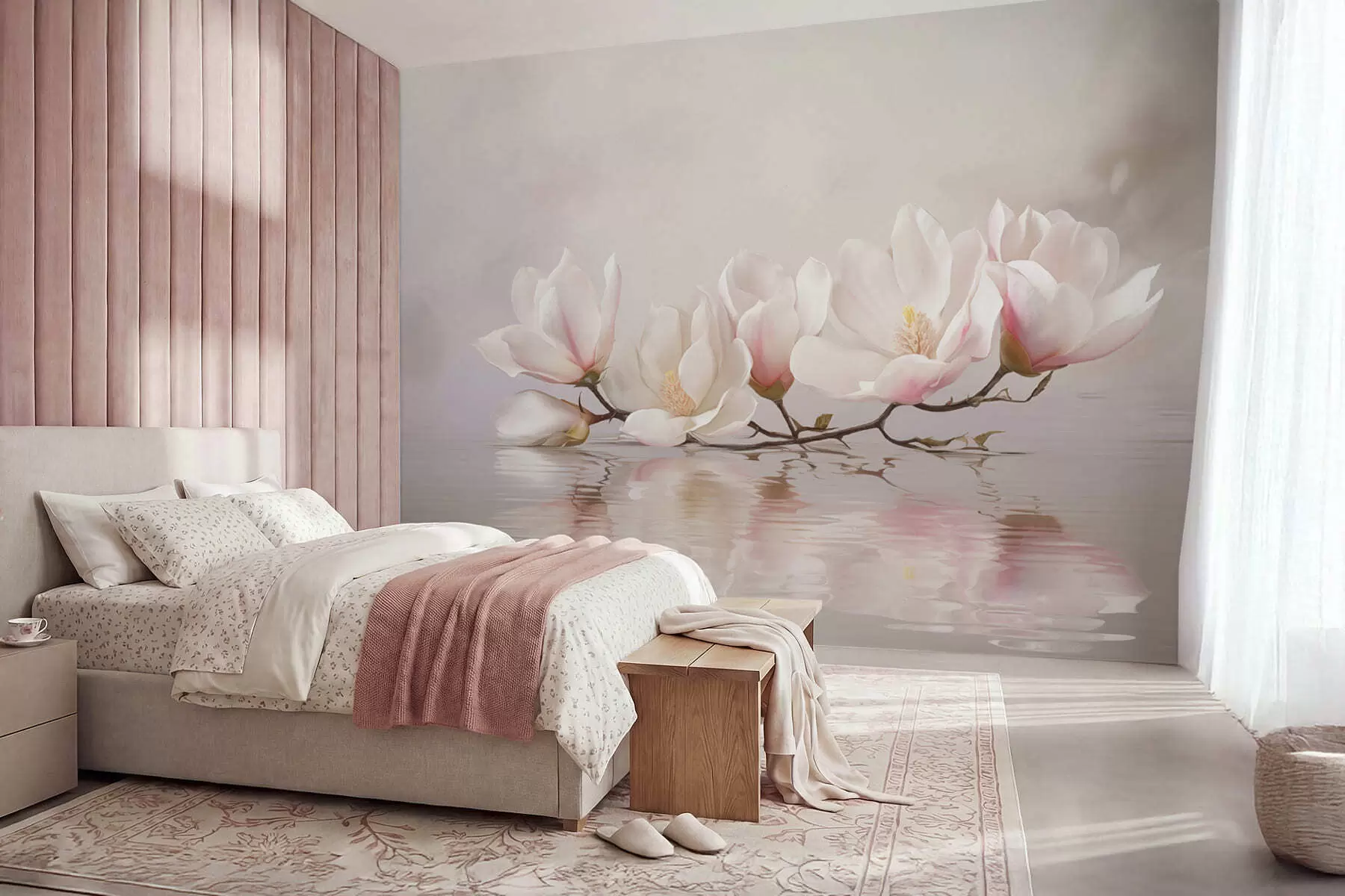 fototapet Ramură de magnolie cu flori deasupra reflexiei apei liniștite w05353v1