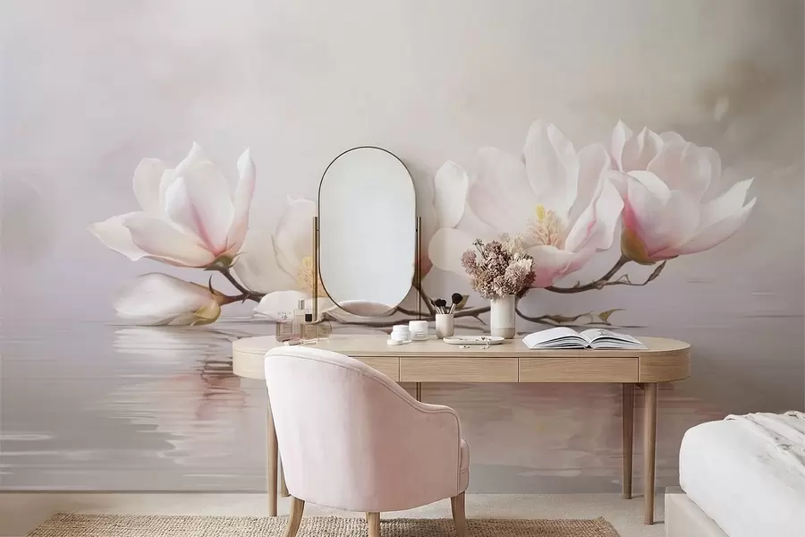 fototapet Ramură de magnolie cu flori deasupra reflexiei apei liniștite w05353v1