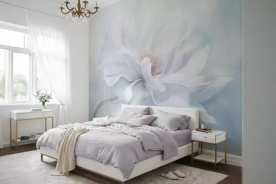 fototapet Floare albă delicată cu petale fluide pe fundal albastru w05354