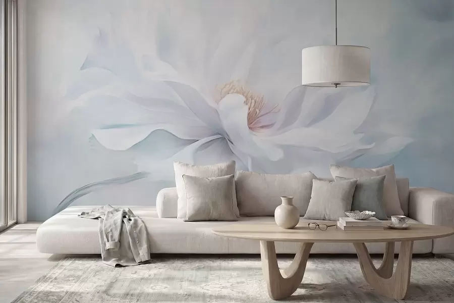 fototapet Floare albă delicată cu petale fluide pe fundal albastru w05354