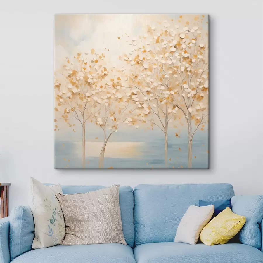 Tablouri Un stil pictural texturat reprezentând copaci cu frunze albe și galbene pe un fundal albastru deschis s48392