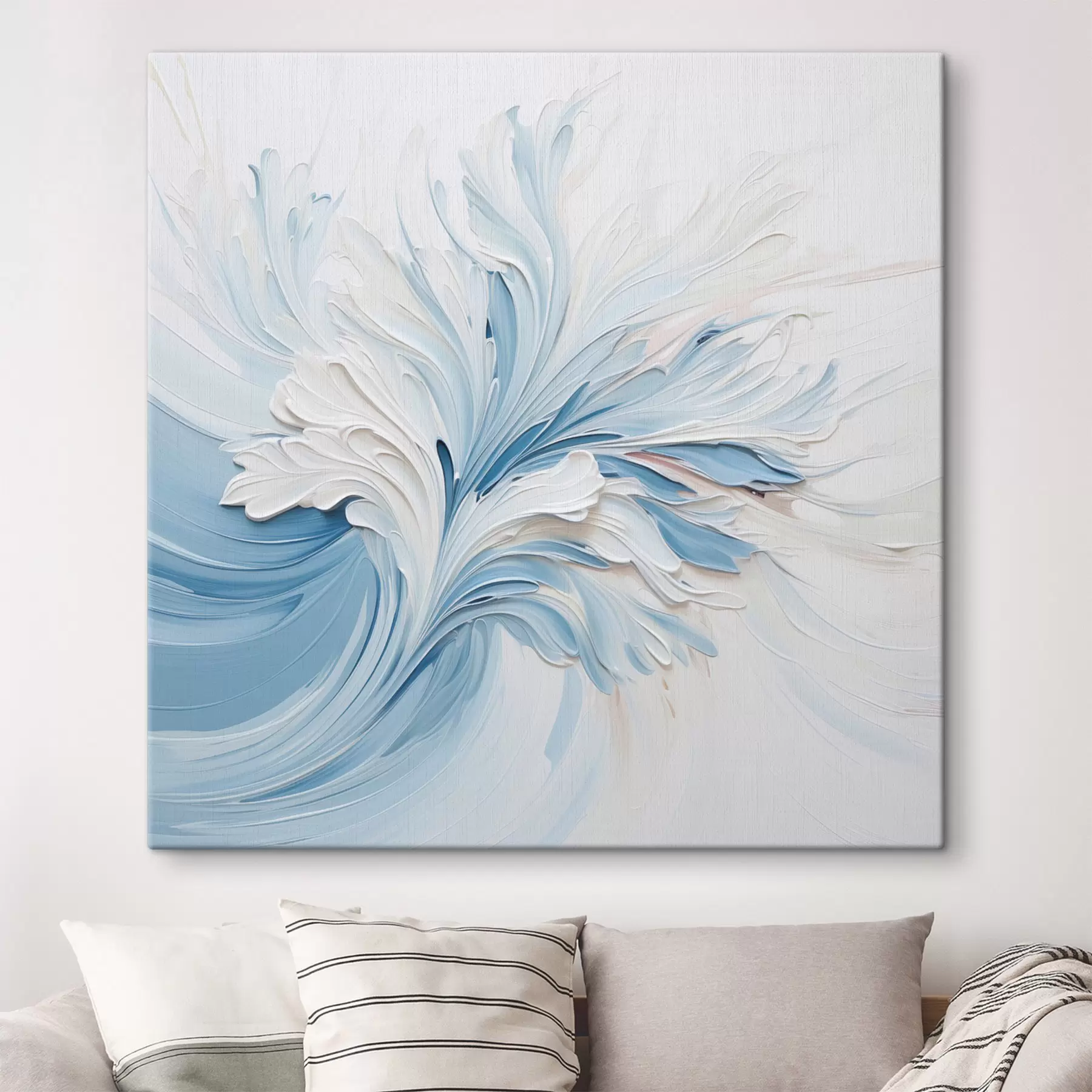 fototapet Un model floral abstract în alb și albastru deschis, cu petale texturate și linii ondulate s48395