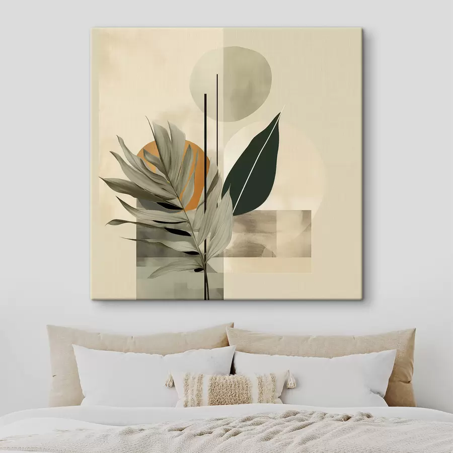 Tablouri O plantă de culoare verde închis, cu forme geometrice abstracte și texturi de acuarelă în nuanțe de bej și verde s48410