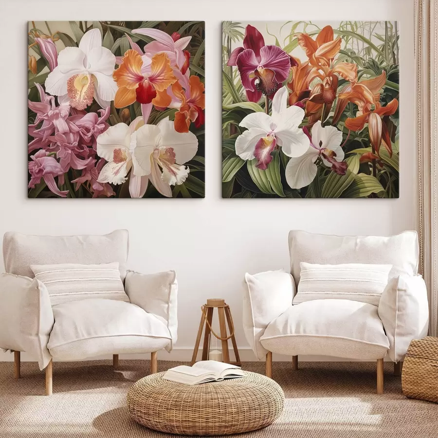 Tablouri Buchet de flori tropicale, orhidee cu frunziș verde pe fundal m30197