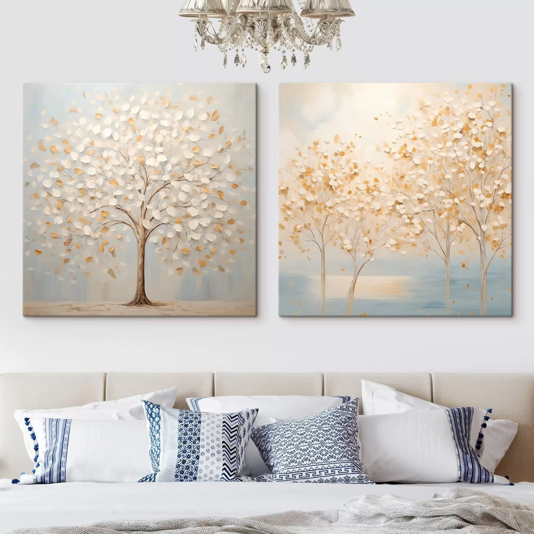 Tablouri Un stil pictural texturat reprezentând copaci cu frunze albe și galbene pe un fundal albastru deschis m30200