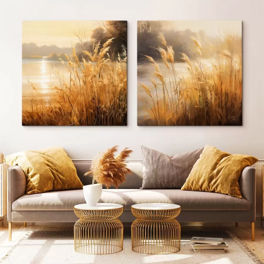 Tablouri Iarbă înaltă, cu spiculețe uscate, în prim-plan, cu un lac și copaci în fundal m30201