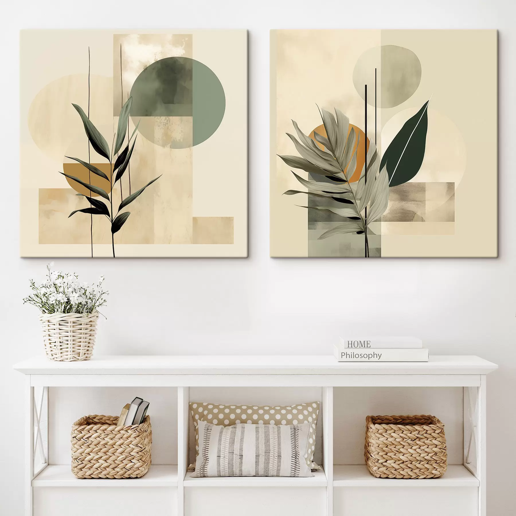 Tablouri O plantă de culoare verde închis, cu forme geometrice abstracte și texturi de acuarelă în nuanțe de bej și verde m30209