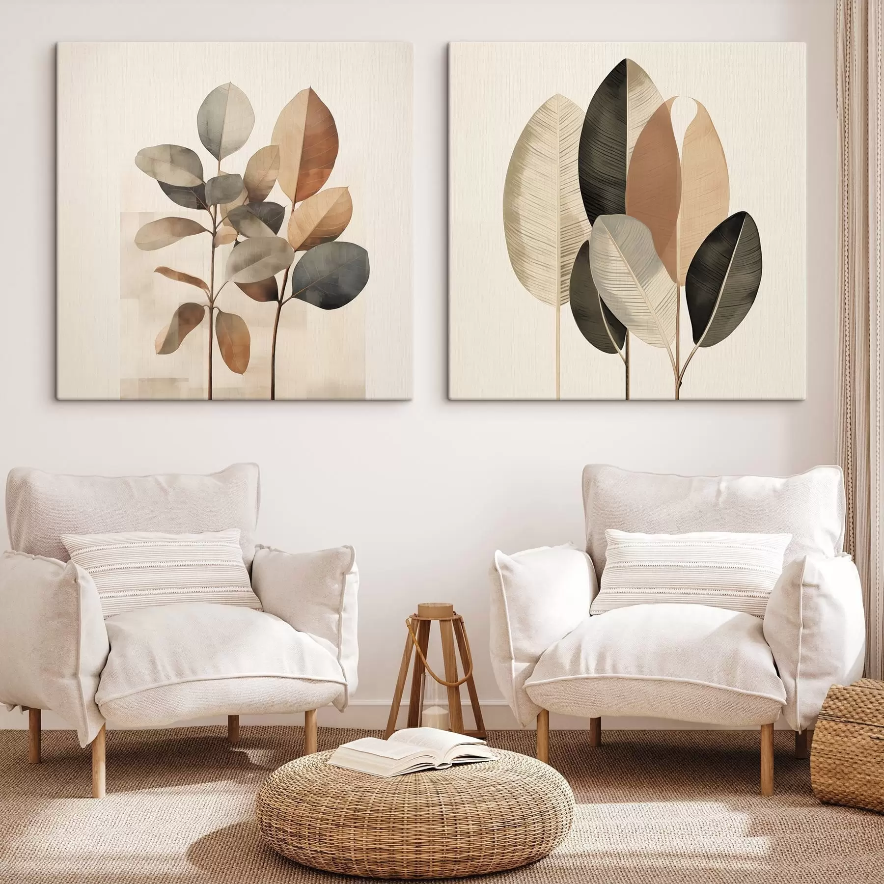 Tablouri Plante înalte cu frunze ovale, în nuanțe discrete, cu forme dreptunghiulare abstracte m30211