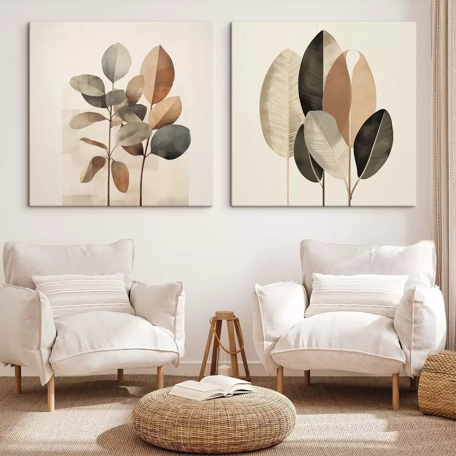 fototapet Plante înalte cu frunze ovale, în nuanțe discrete, cu forme dreptunghiulare abstracte m30211