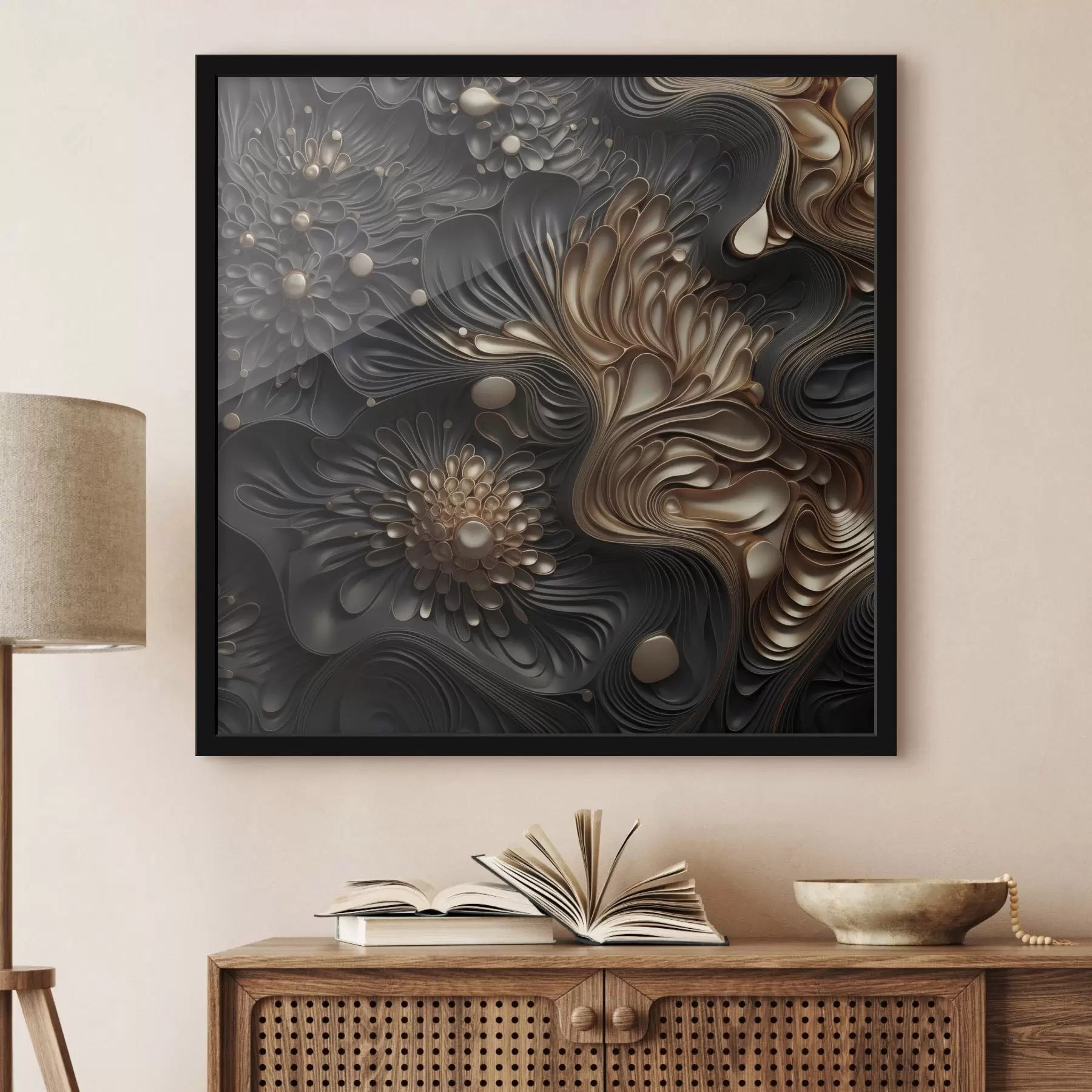 fototapet Forme abstracte, fluide și organice, de culoare închisă, care creează o artă modernă plină de textură f48384