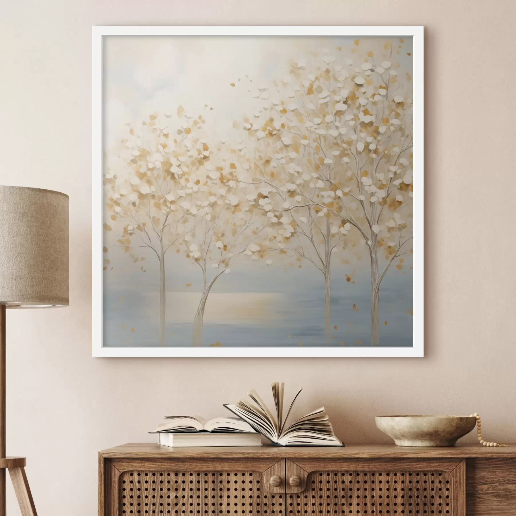 fototapet Un stil pictural texturat reprezentând copaci cu frunze albe și galbene pe un fundal albastru deschis f48392