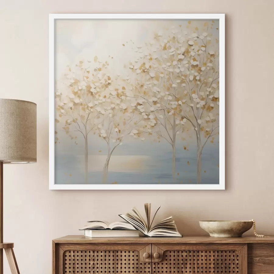 fototapet Un stil pictural texturat reprezentând copaci cu frunze albe și galbene pe un fundal albastru deschis f48392