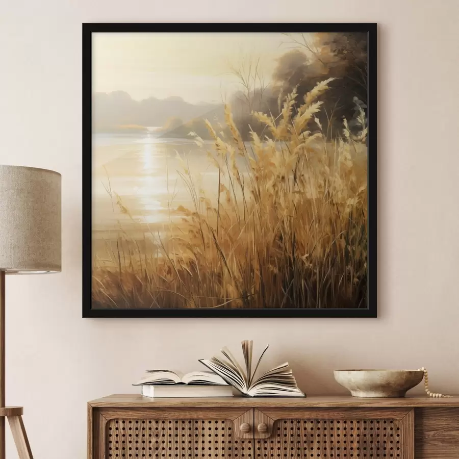 fototapet Iarbă înaltă, cu spiculețe uscate, în prim-plan, cu un lac și copaci în fundal f48393