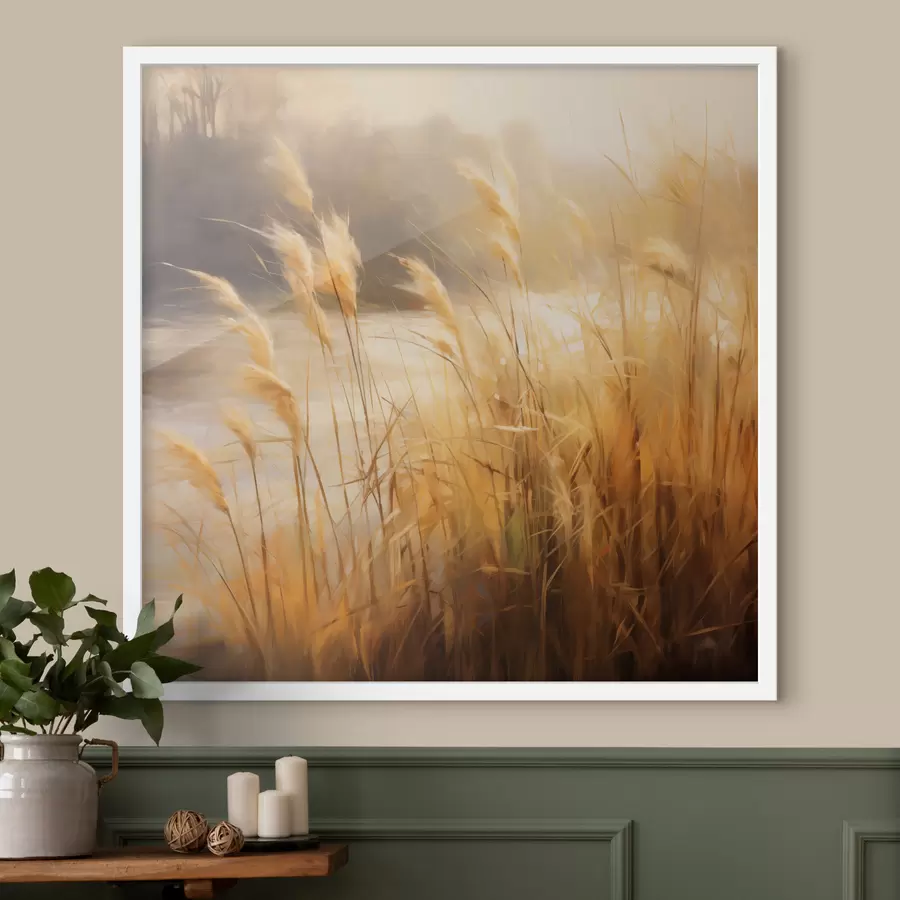 fototapet Iarbă înaltă, cu spiculețe uscate, în prim-plan, cu un lac și copaci în fundal f48394