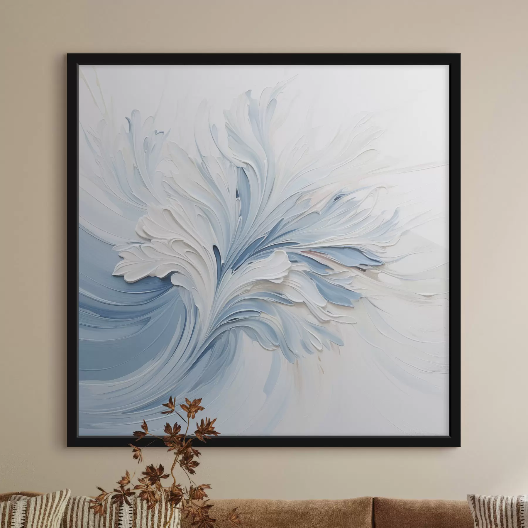 fototapet Un model floral abstract în alb și albastru deschis, cu petale texturate și linii ondulate f48395