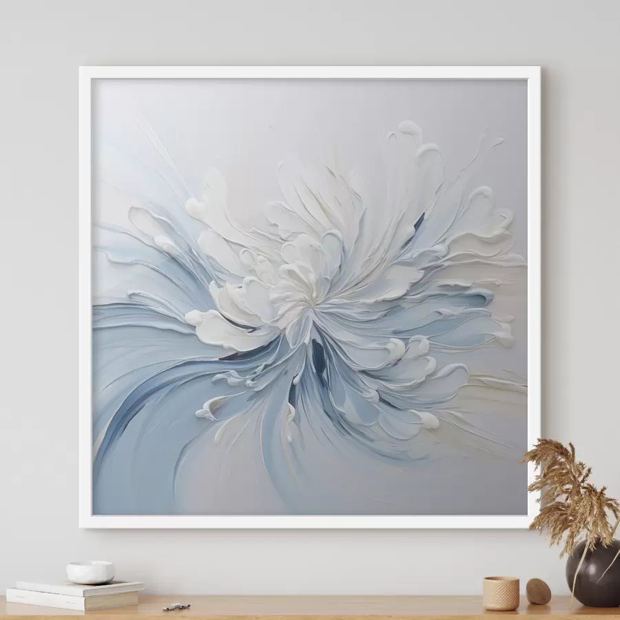 fototapet Un model floral abstract în alb și albastru deschis, cu petale texturate și linii ondulate f48396