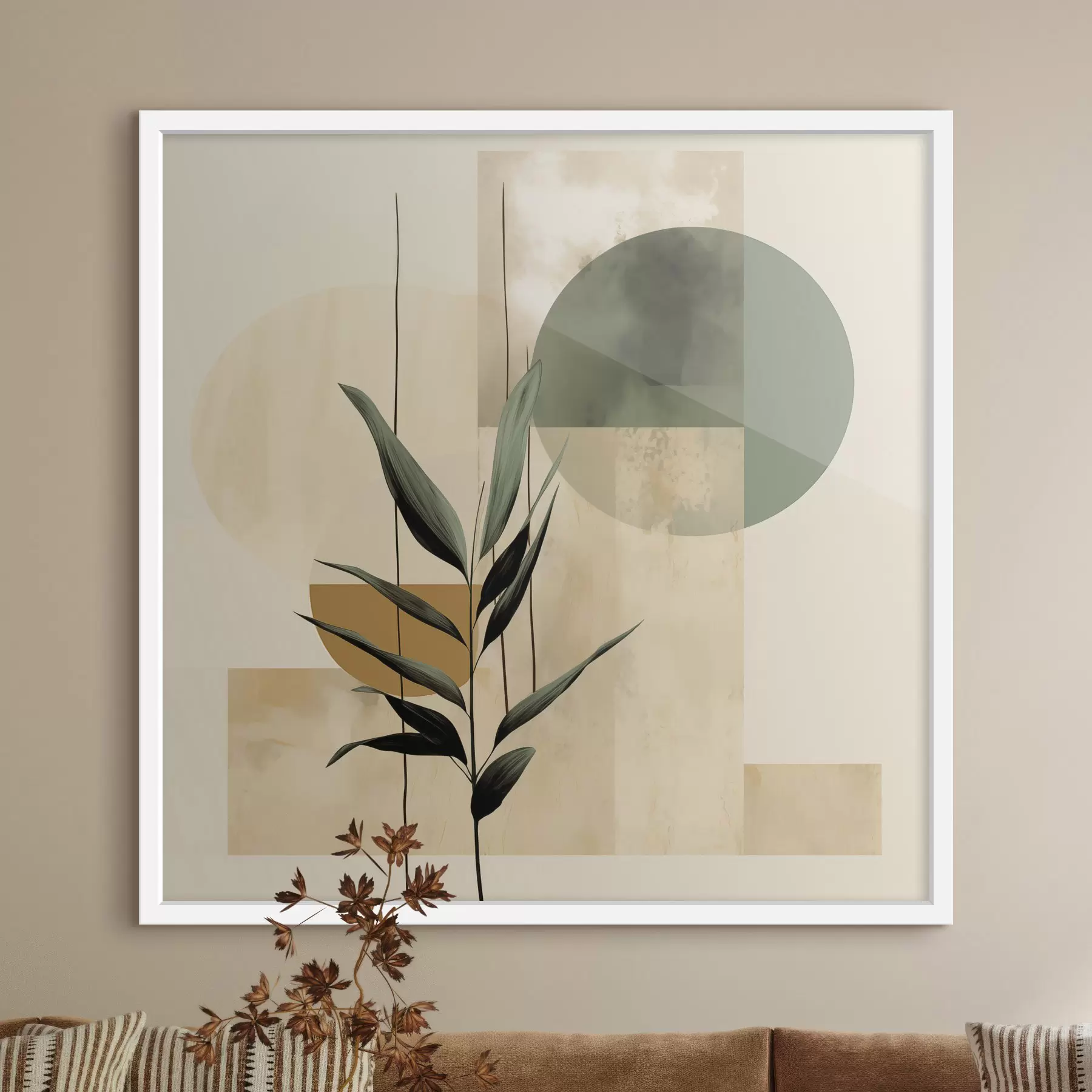 fototapet O plantă de culoare verde închis, cu forme geometrice abstracte și texturi de acuarelă în nuanțe de bej și verde f48409
