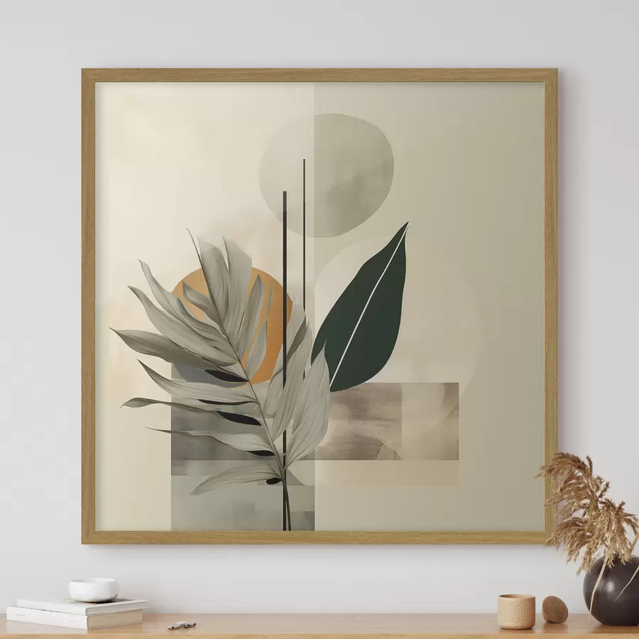 fototapet O plantă de culoare verde închis, cu forme geometrice abstracte și texturi de acuarelă în nuanțe de bej și verde f48410