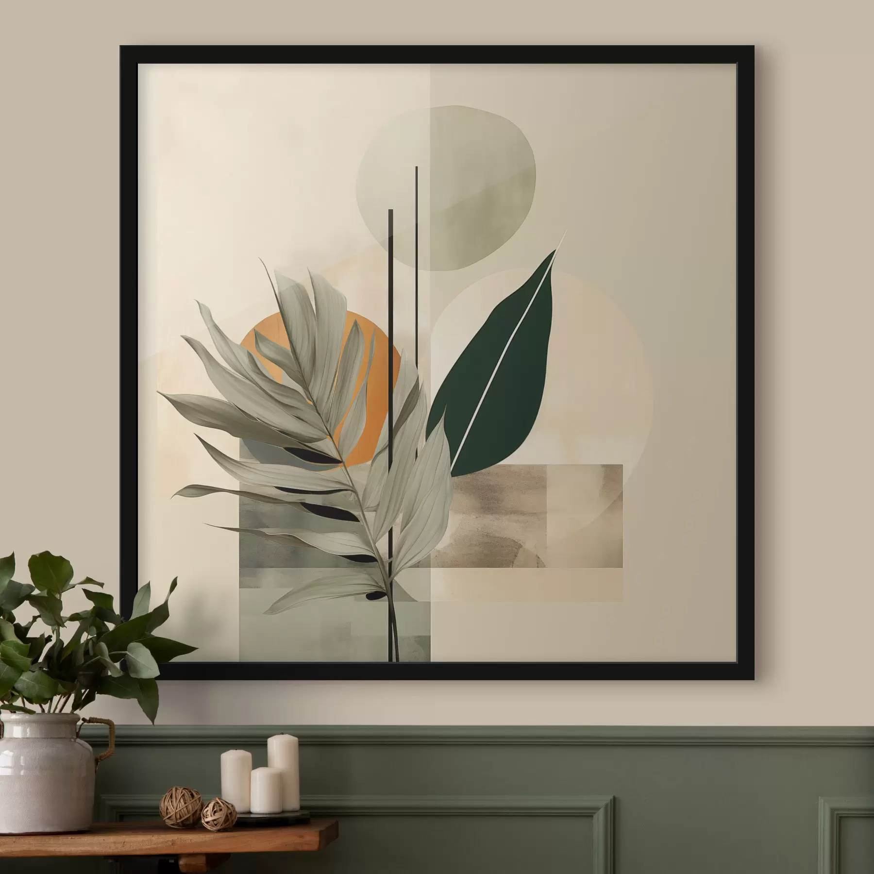 fototapet O plantă de culoare verde închis, cu forme geometrice abstracte și texturi de acuarelă în nuanțe de bej și verde f48410