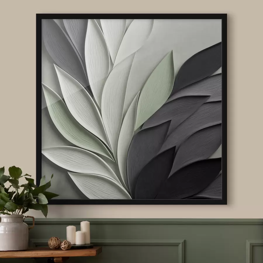 fototapet Frunze stilizate, în nuanțe de gri, alb și verde pal f48411