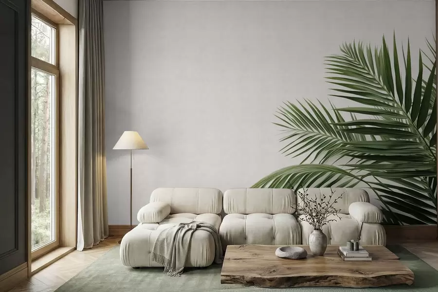 fototapet Frunze verzi de palmier pe un fundal deschis w05391