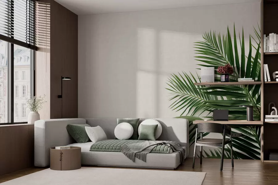 fototapet Frunze verzi de palmier pe un fundal deschis w05391