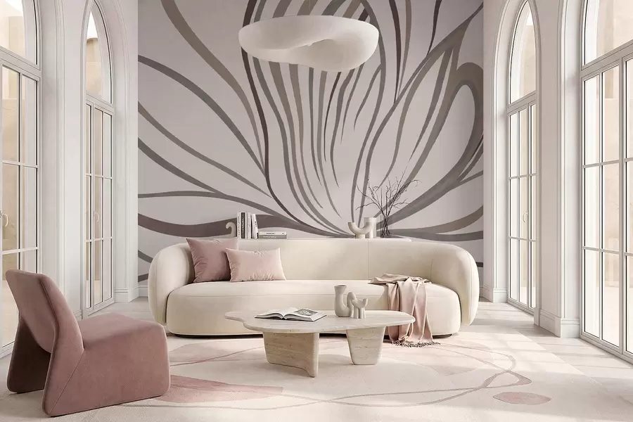 fototapet Floare abstractă cu linii în nuanțe de gri și roz w05392