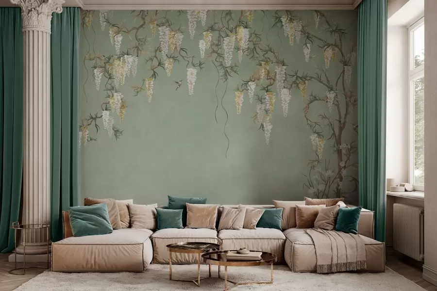 fototapet Ramuri înflorite cu flori albe și păsări pe fond verde w05394