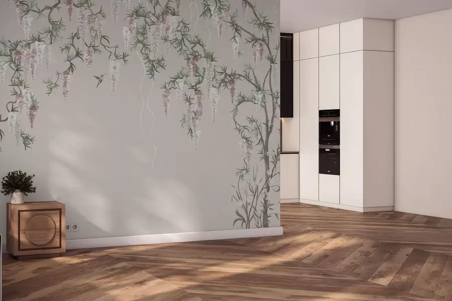 fototapet Ramuri înflorite cu flori roz și păsări w05394v1