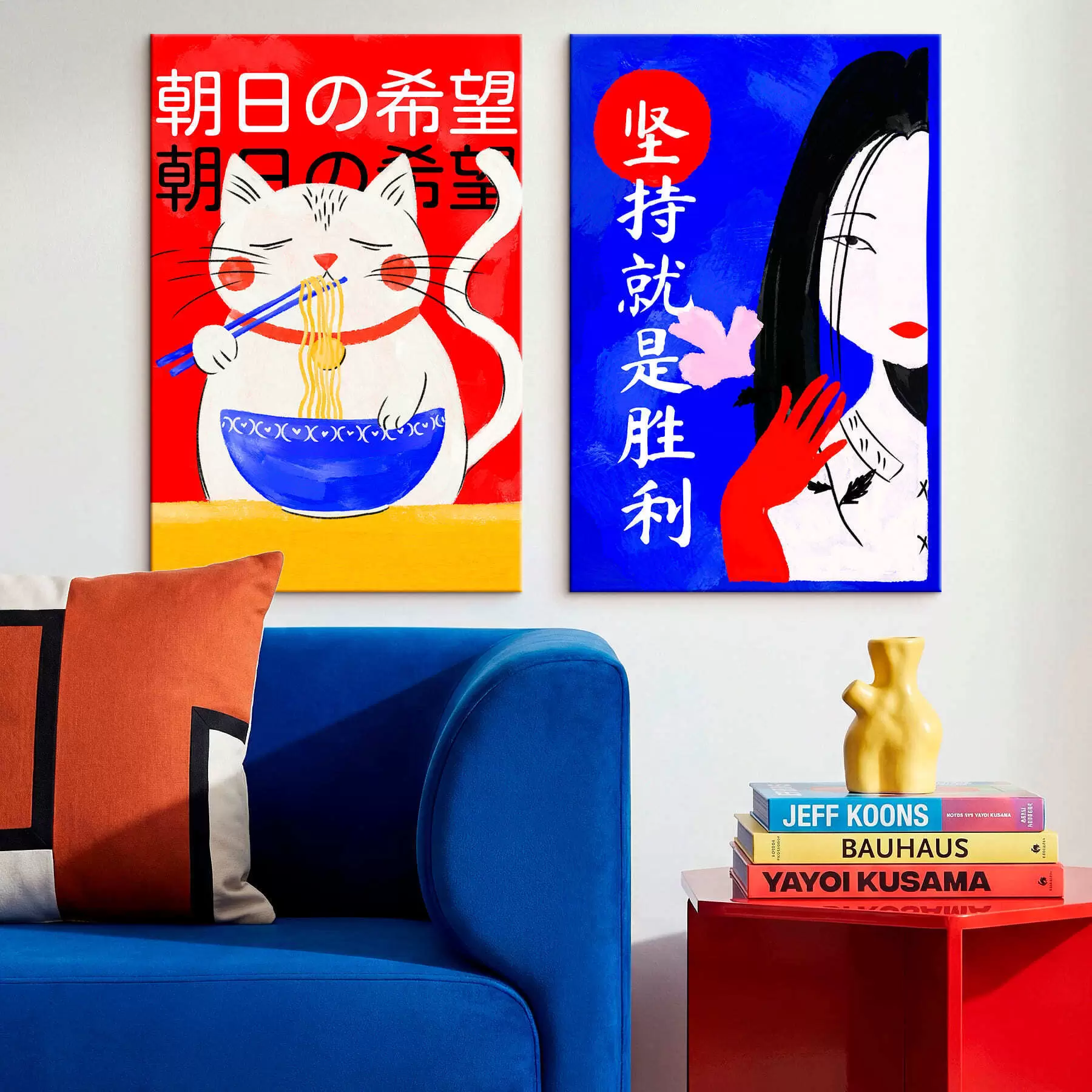 Tablouri Diptych cu portretul unei pisici și al unei femei, realizat într-un stil îndrăzneț m30233