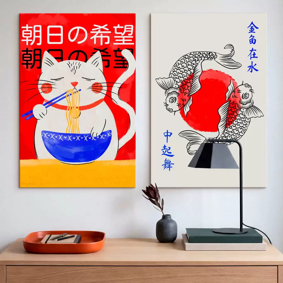 Tablouri Diptych cu portretul unei femei și pești ornamentali m30234