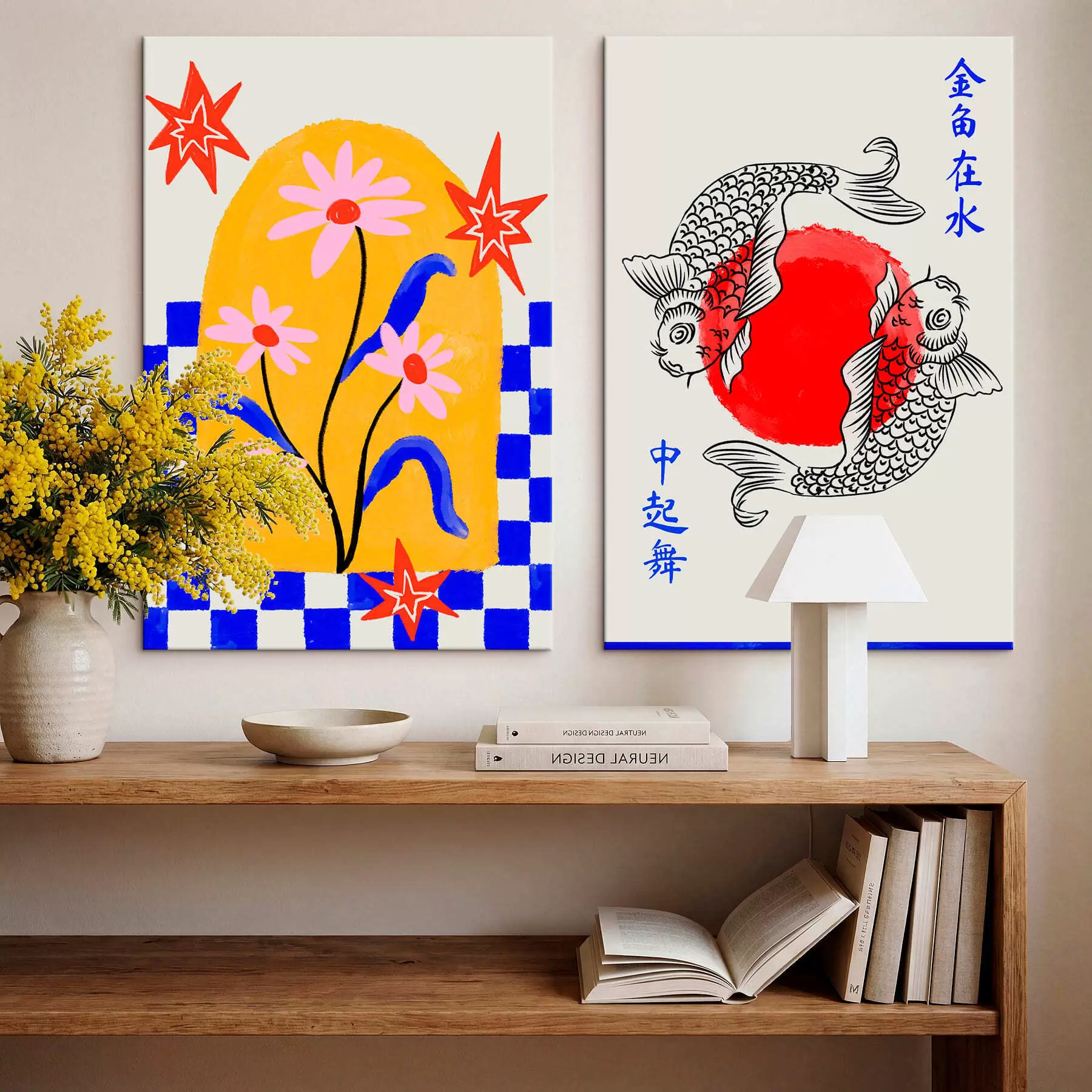 Tablouri Diptych cu o pisică și doi pești în nuanțe de roșu și alb m30235
