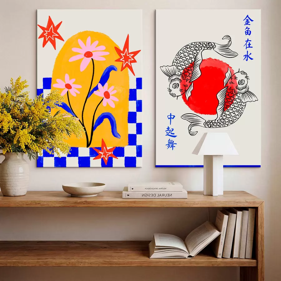 Tablouri Diptych cu o pisică și doi pești în nuanțe de roșu și alb m30235