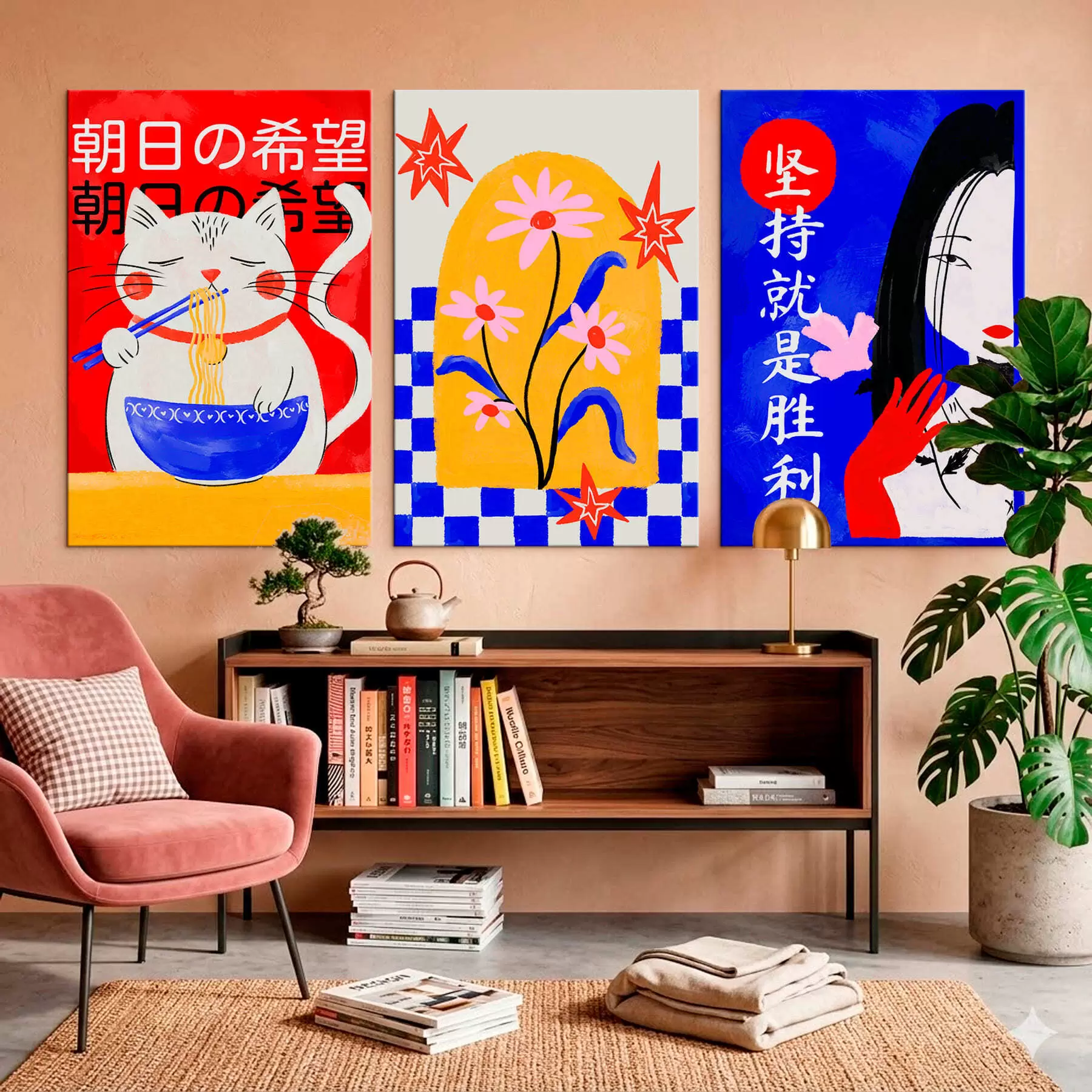 Tablouri Triptic cu o pisică, un pește și portretul unei femei m30240