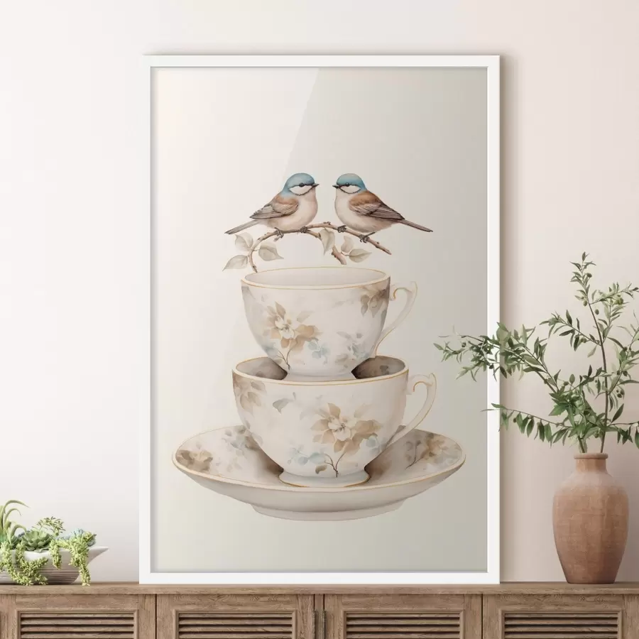 fototapet Două păsări pe o ramură deasupra ceștilor de ceai f48347