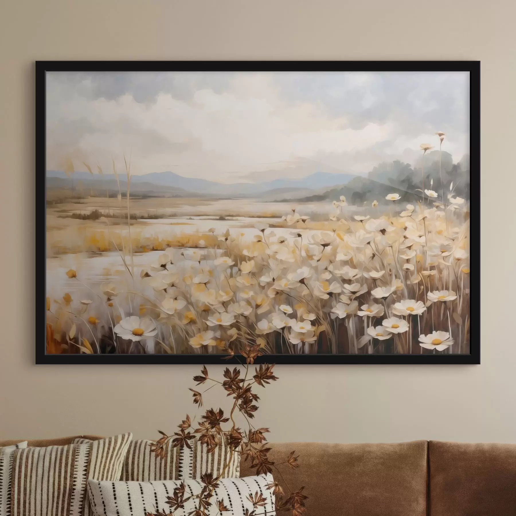 fototapet Flori de câmp lângă apă, într-un stil pictural delicat f48354