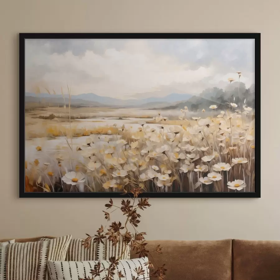 fototapet Flori de câmp lângă apă, într-un stil pictural delicat f48354