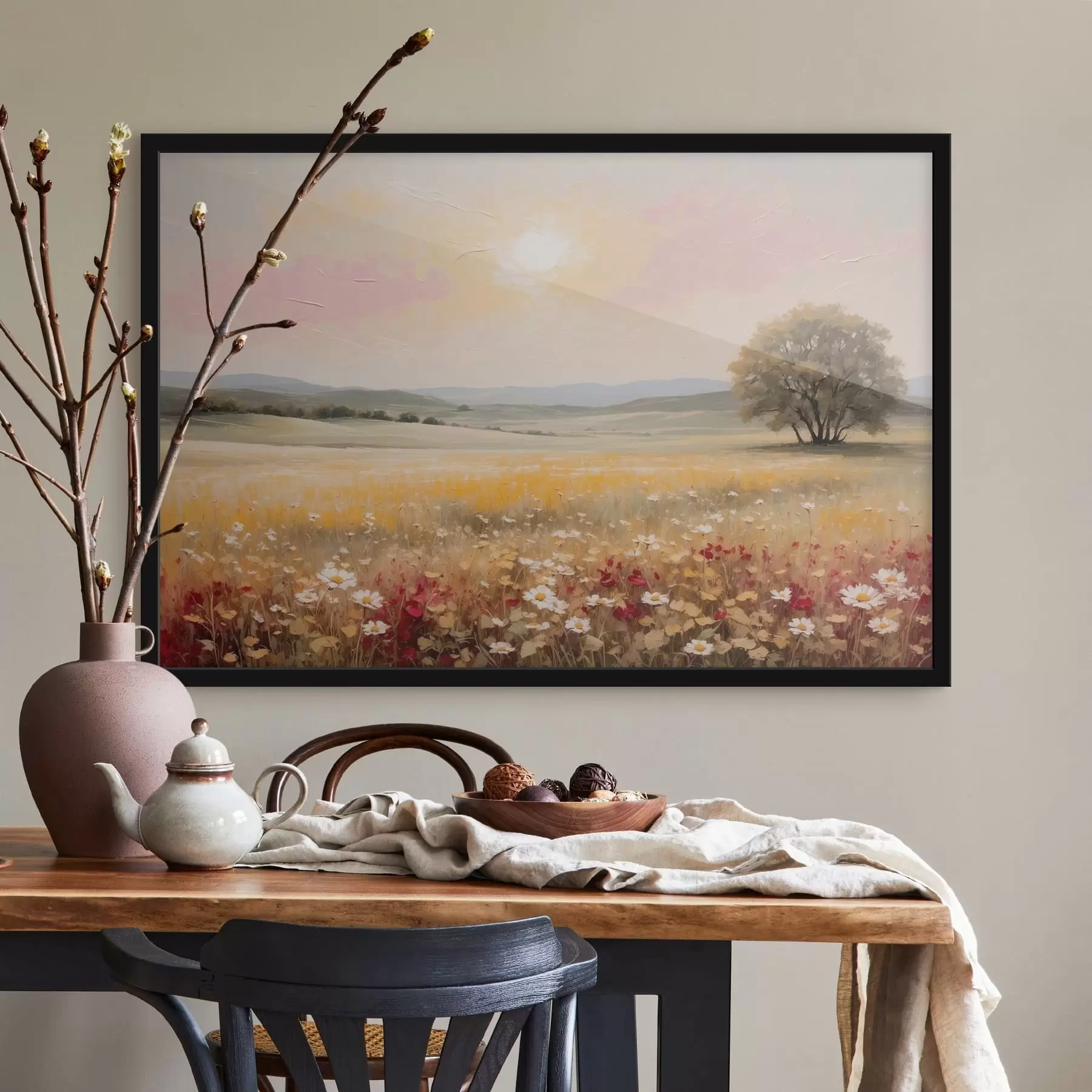 fototapet Peisaj cu un câmp de flori și un copac la orizont f48355