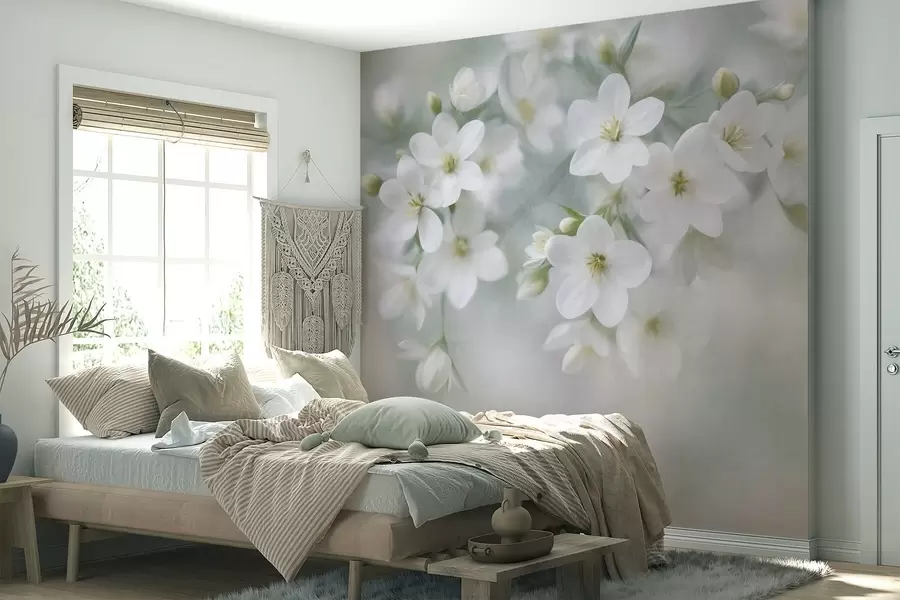 fototapet Flori albe cu textură delicată, estompate ușor în fundal w09759