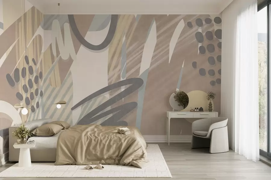 fototapet Imprimeu abstract cu textură, format din forme organice, mâzgălituri și puncte, în nuanțe pastelate discrete w09774