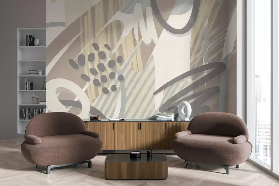 fototapet Imprimeu abstract cu textură, format din forme organice, mâzgălituri și puncte, în nuanțe pastelate discrete w09774