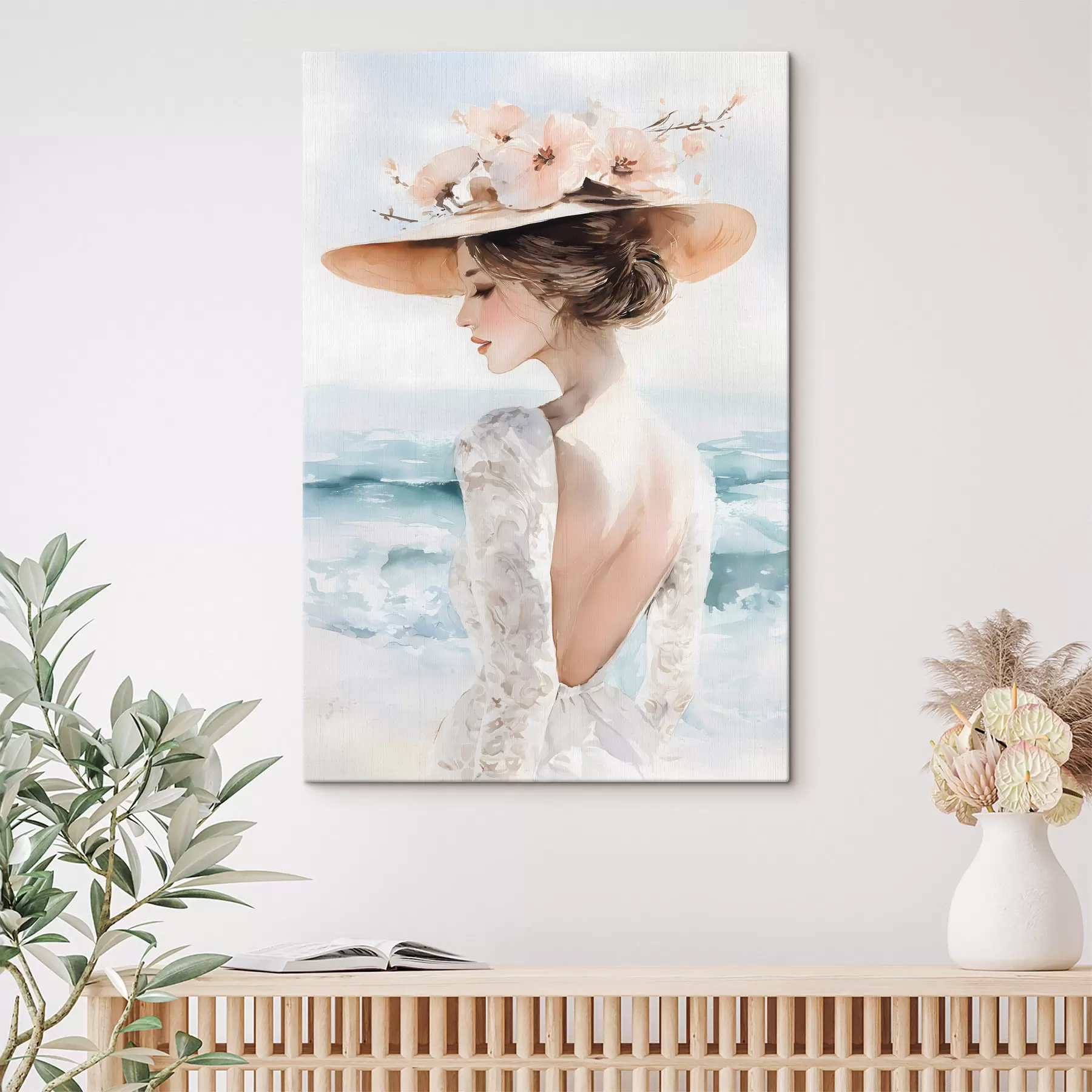 Tablouri o fată romantică lângă mare, purtând o pălărie s48547