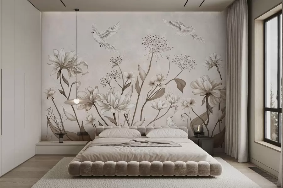 fototapet Flori delicate și păsări pe un fundal deschis w05118