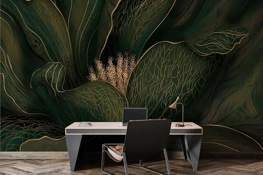 fototapet Floare abstractă de culoare verde închis, cu detalii realizate cu linii fine w05119v1