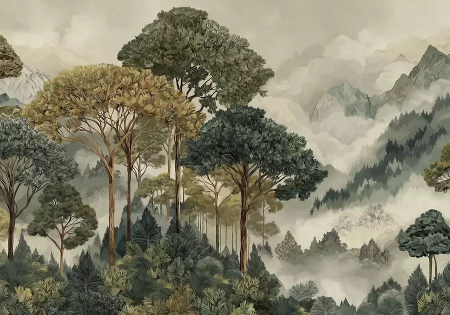 fototapet Pădure cu copaci înalți în munții învăluiți în ceață w05410