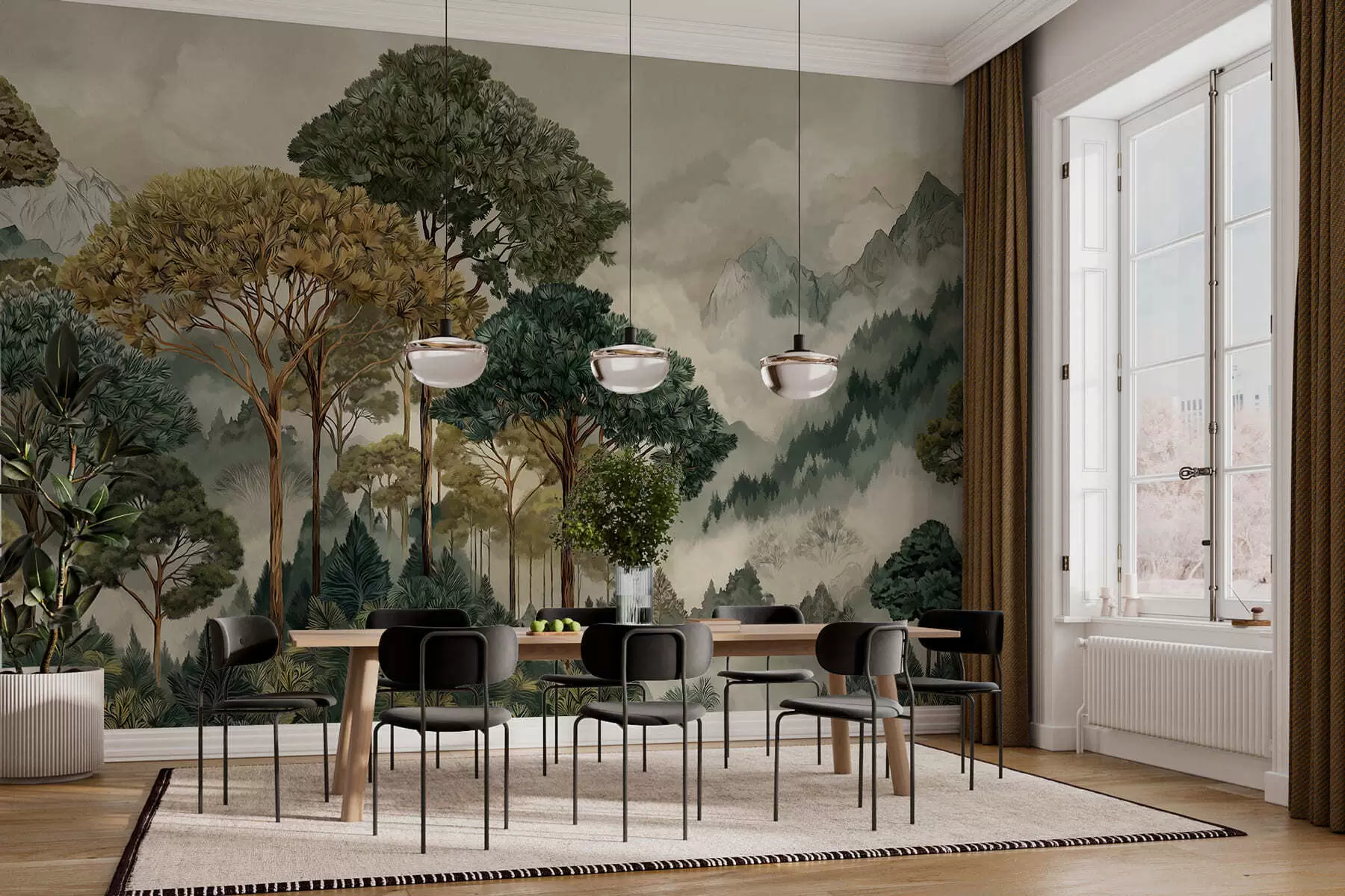 fototapet Pădure cu copaci înalți în munții învăluiți în ceață w05410