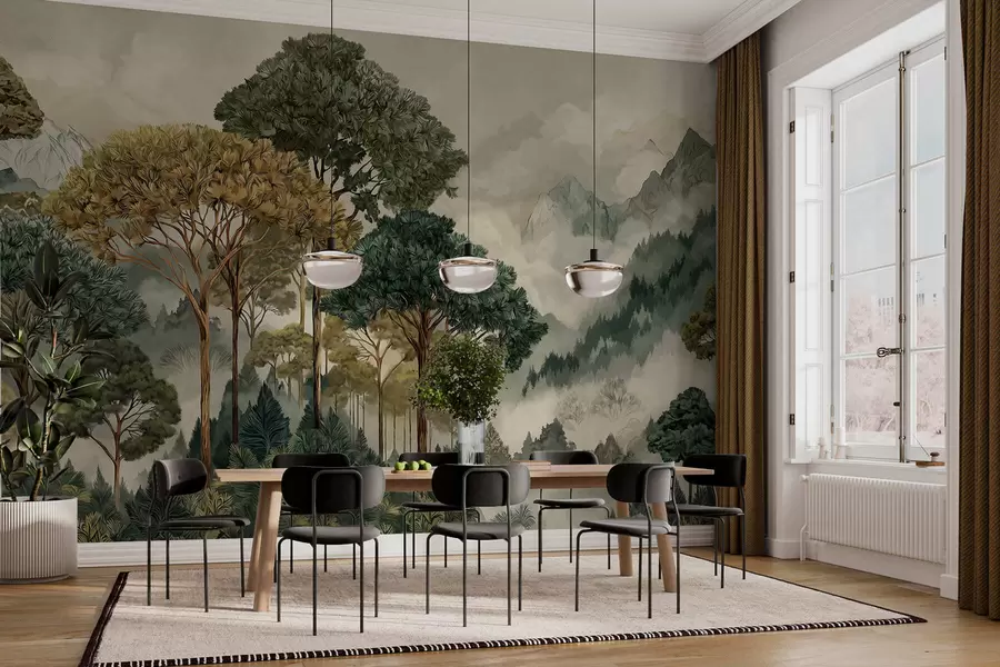 fototapet Pădure cu copaci înalți în munții învăluiți în ceață w05410