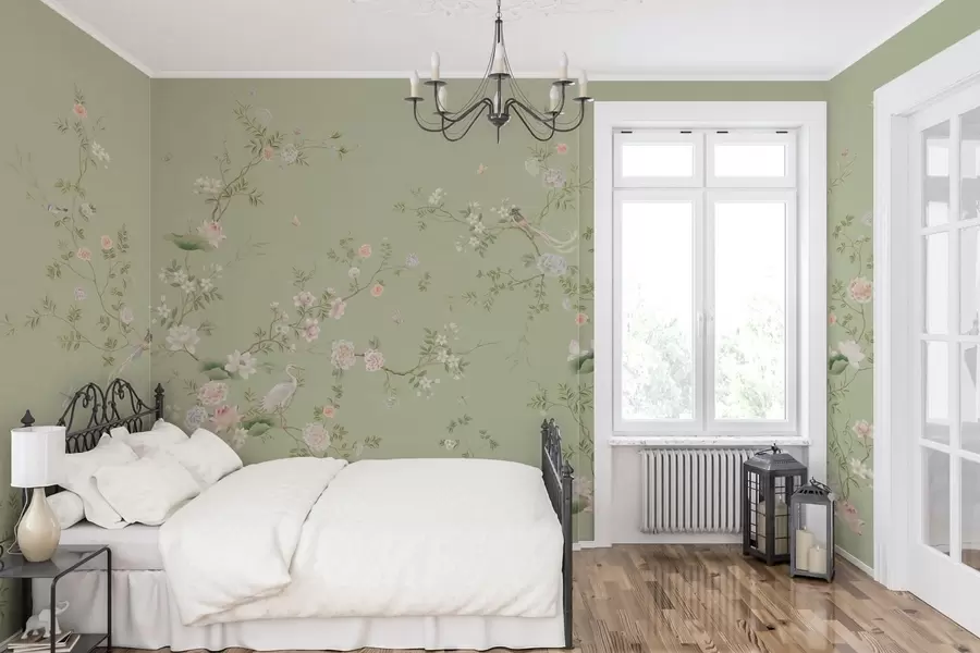 fototapet Ramuri înflorite cu păsări pe fond verde deschis w05416